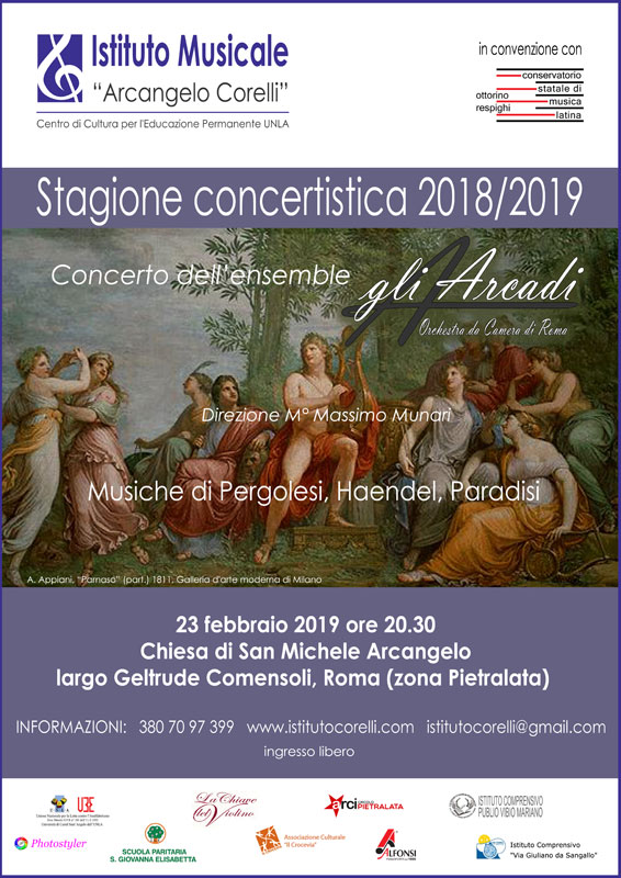 2019 locandina concerto gli Arcadi a San Michele Arcangelo Pietralata 23 febbraio
