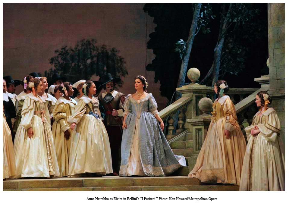 Foto di scena de I Puritani di Vincenzo Bellini al Metropolitan Opera di New York con Anna Netrebko la seconda da destra