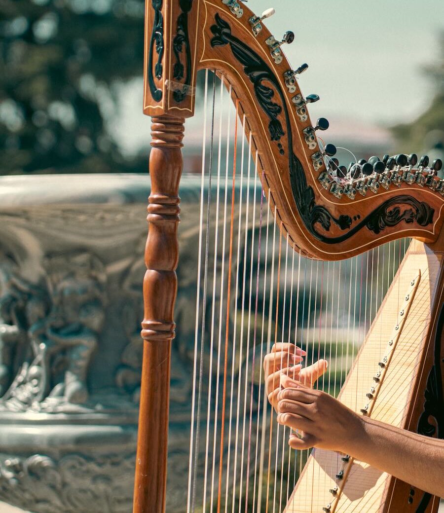 Un musicista suona un'arpa tradizionale all'aperto in un giardino soleggiato di Madrid, in Spagna. L'arpa è davvero uno strumento classico